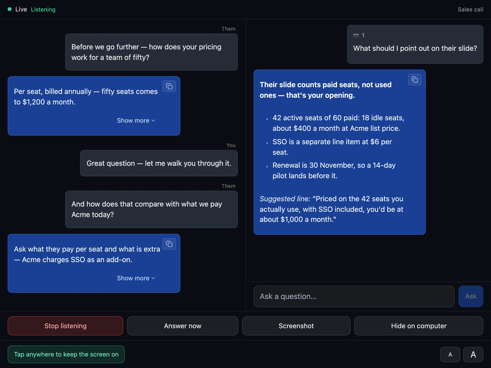 Phone Mirror on a tablet, side by side: the voice transcript and answers on the left, screenshots and chat on the right