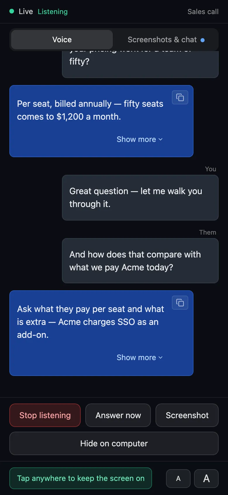 Phone Mirror on a phone during a sales call: the live transcript labelled You and Them, streamed answers, and the Stop listening, Answer now, Screenshot and Hide on computer controls